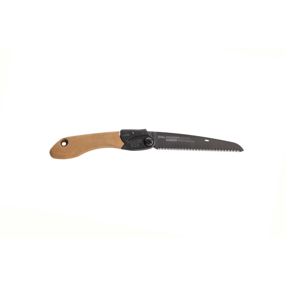 Couteau Pliant Pocketboy Manche Composite Bois Silky Denture : moyenne (10 dts30mm) - Adaptée pour le bois vert et le bois dur. Dimensions dépliée : 375 x 65 x 25 mm. Dimensions pliée : 210 x 60 x 25 mm.